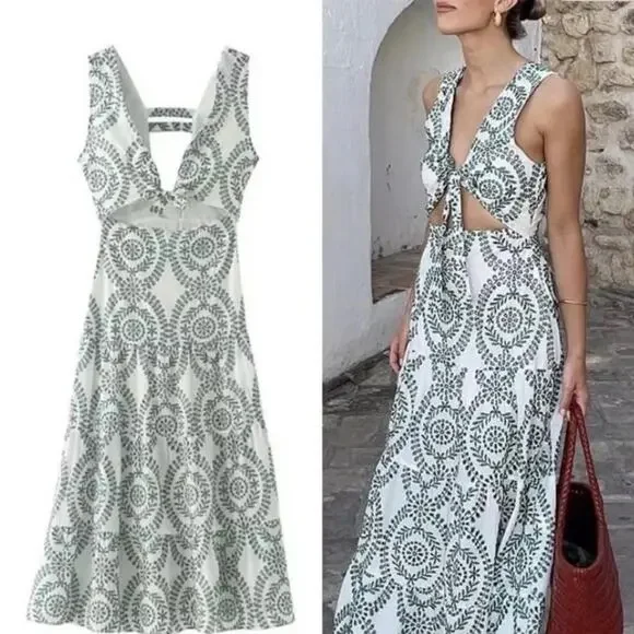 ZARA Dress Small Maxi Boho Embroidered Long Dress Cut out Resort Vacation Cruise - Picture 9 of 16